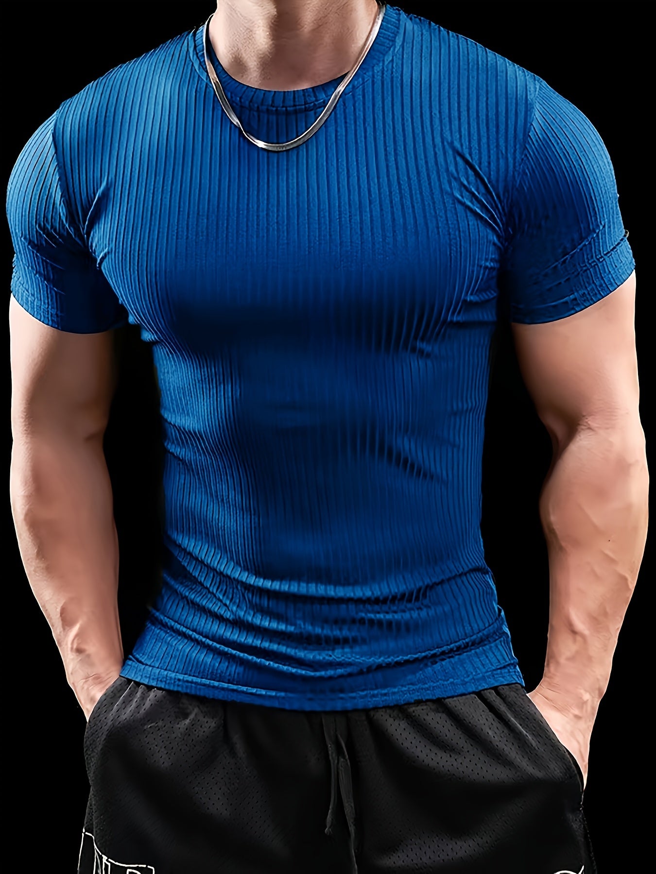 Men's Slim Fit Ribbed Short Sleeve T-Shirt - Stretchy Athletic Casual Wear, Green, Round Neck, Machine Washable, Muscle-Enhancing Design, Gym Shirts