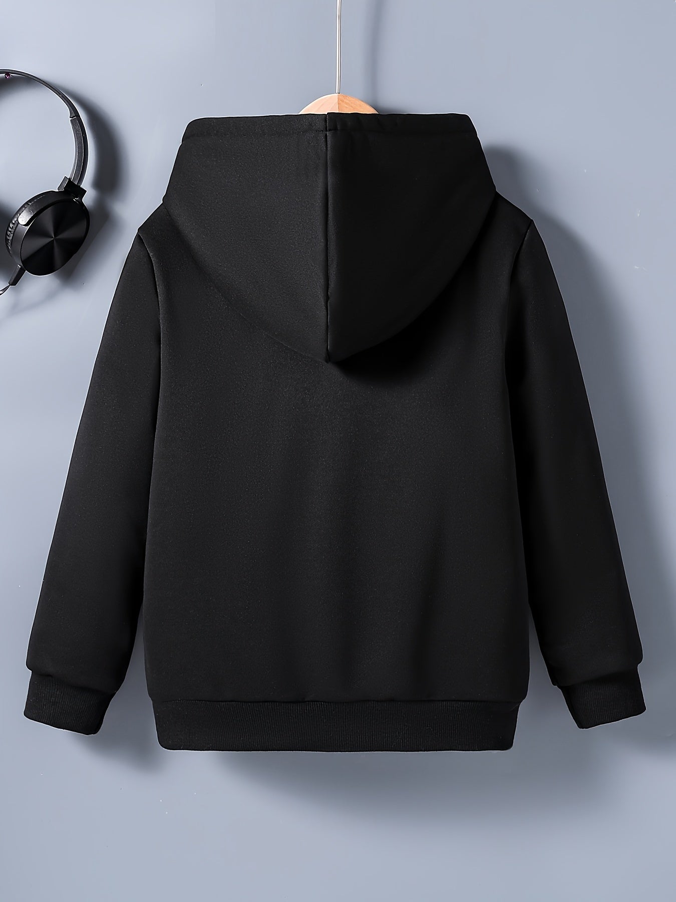 Boys' Cozy & Stylish Black Hooded Jacket - Soft, Casual Zip-Up Cardigan with Pockets, Polyester Blend, Perfect for Fall/Winter Comfort, Outdoor Youngsters Apparel|Hooded Cardigan|Machine Washable Fabric, Boy Jacket