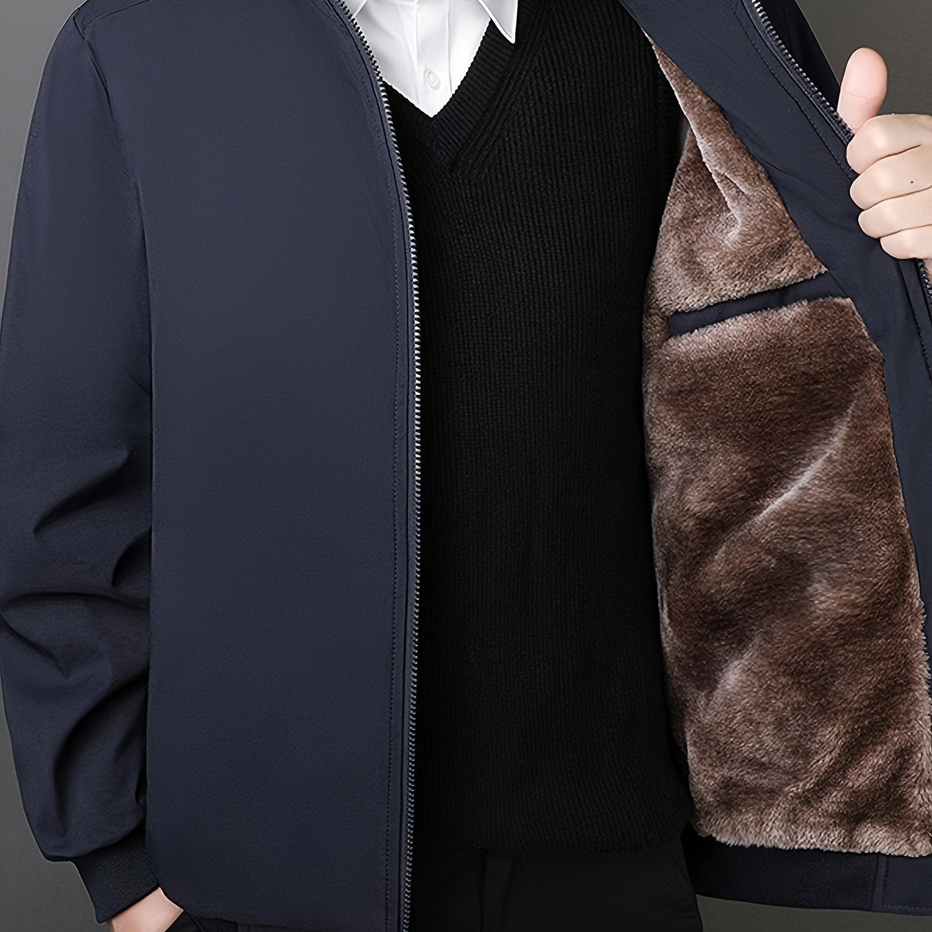 Men's Fleece-Lined Zip-Up Jacket - Casual Stand Collar, Outdoor Sports Coat with Pockets, Machine Washable