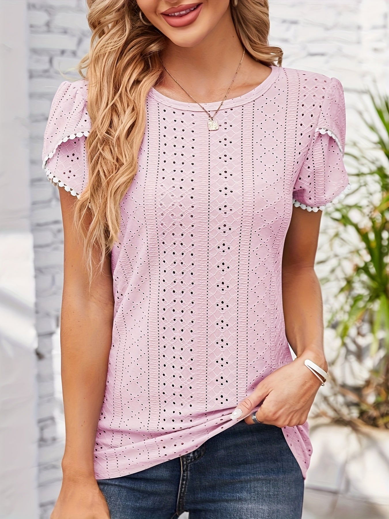Women'S Elegant Blouse - Soft Pink Round Neck T-Shirt with Floral-like eyelet details, Breathable Loose Fit Top for Casual & Formal Outfits - Everyday Summer Shirt for Women, Ladies T Shirts, Versatile Clothing, Feminine Styl