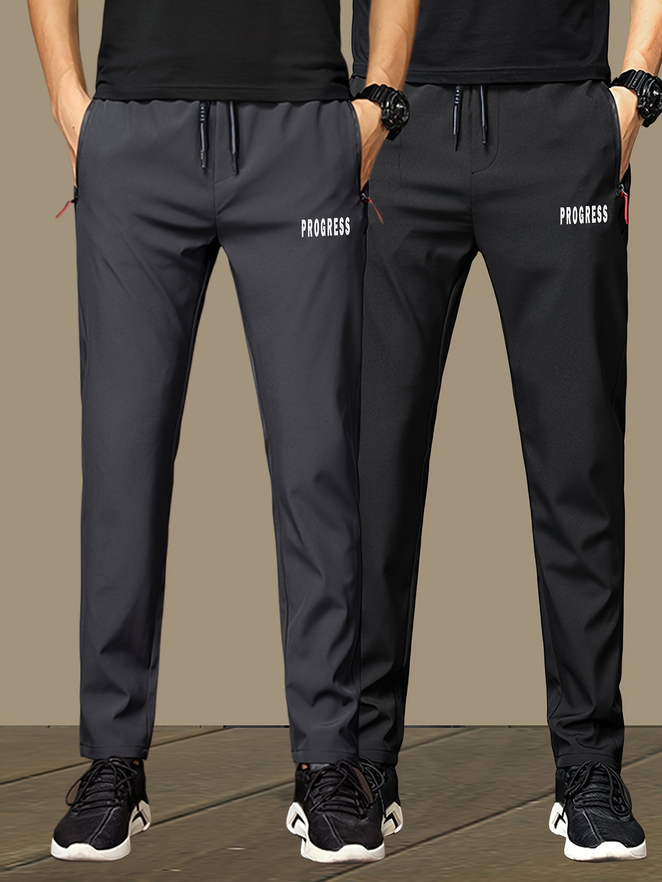 2pcs Men's Lightweight Joggers - Quick-Dry Breathable Polyester, Stylish "PRINCESS" Print with Drawstring Waist & Zipper Pockets, Black Casual Sweatpants for Casual Attire, Adjustable Comfort Pants | Stylish Print Joggers | S