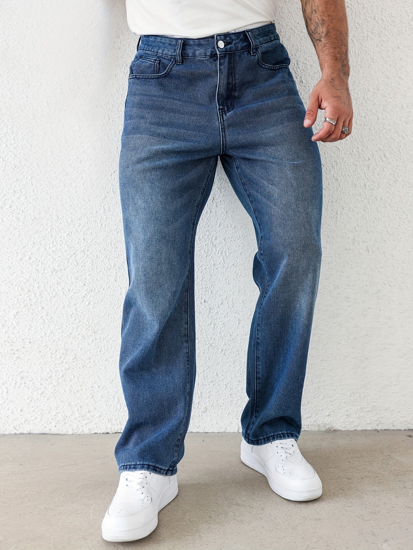 Men's Classic Straight-Leg Jeans - Casual Denim with Pockets, Machine Washable, All-Season Comfort