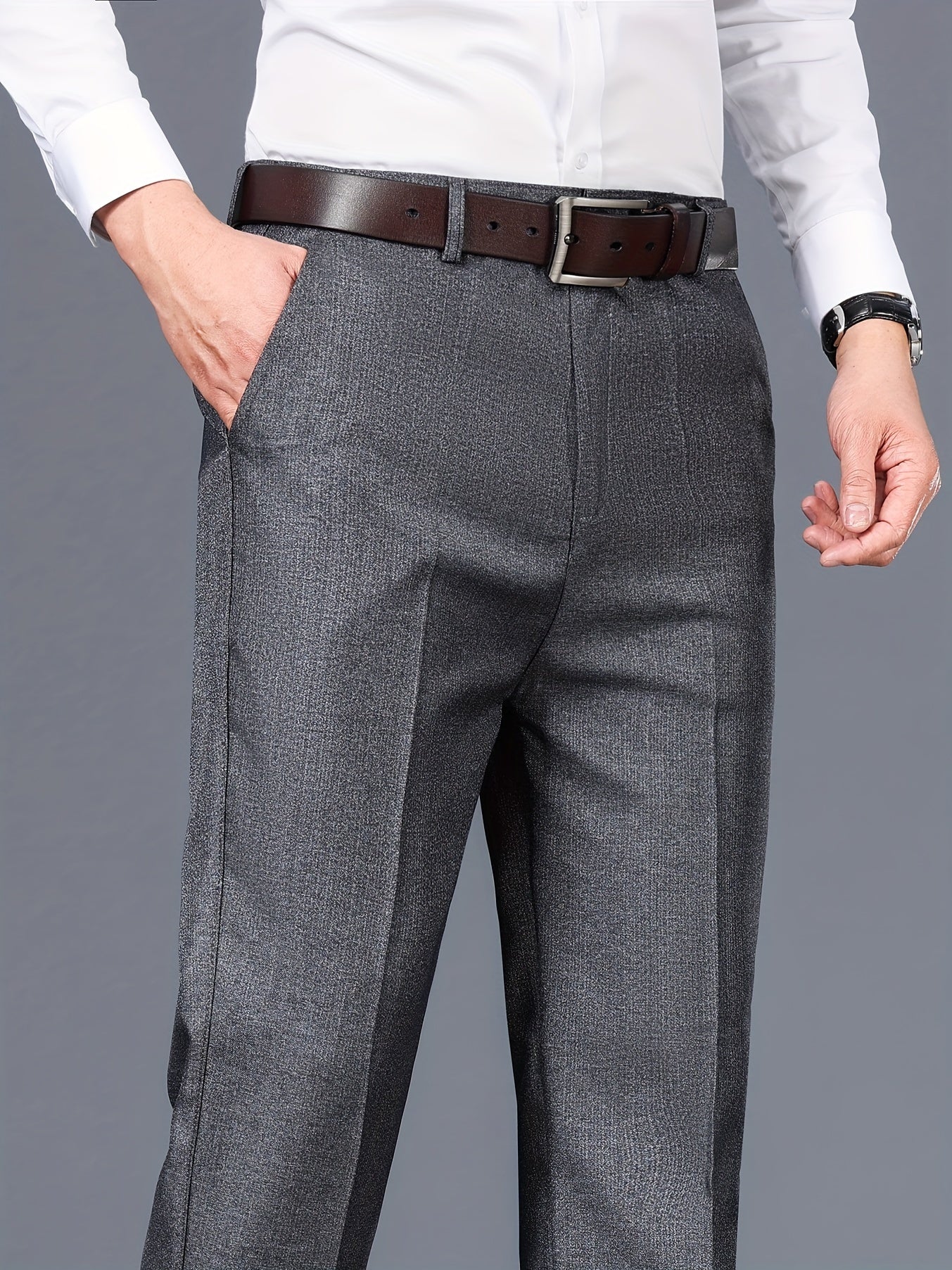 Men's Classic Gray Dress Pants - Medium Thick, Straight Fit with Slant Pockets & Zipper Closure, Polyester, Non-Stretch Fabric for Business Casual & Formal Wear, Ideal for Spring/Autumn