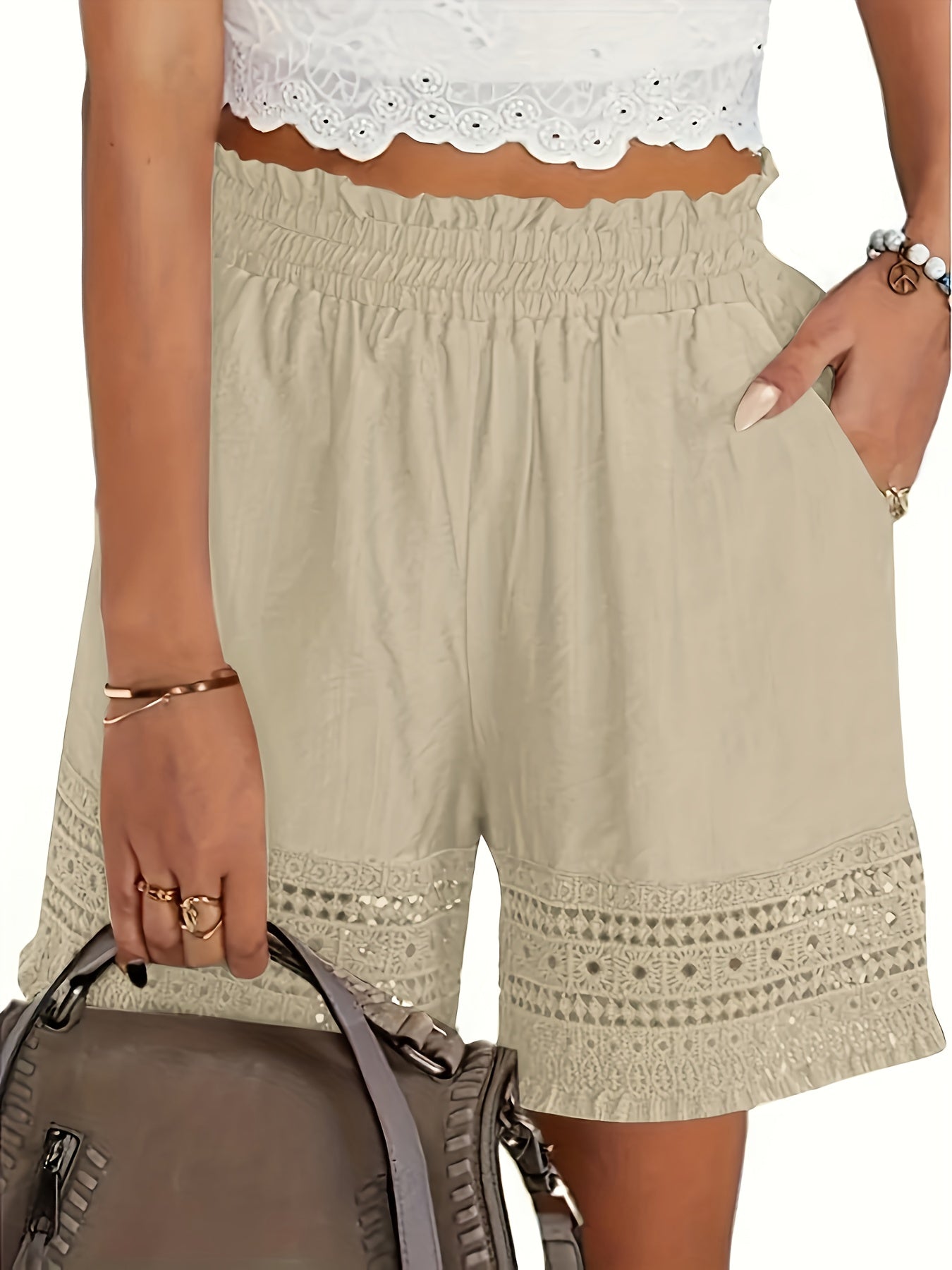 Solid Tassel Hem Loose Shorts, Vacation Paper Bag Waist Summer Shorts, Women's Clothing