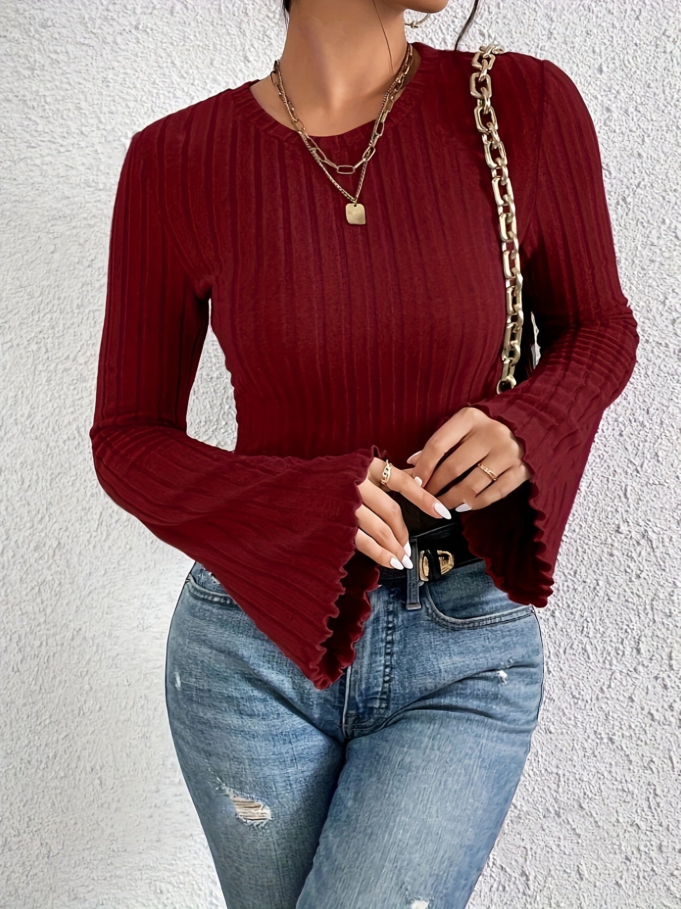 1pc French Style Ribbed T-Shirt for Women, Long Sleeve with Flounce Detail, Solid Color, Round Neck, Regular Length, Polyester Knit Fabric, Perfect for Spring/Autumn Season