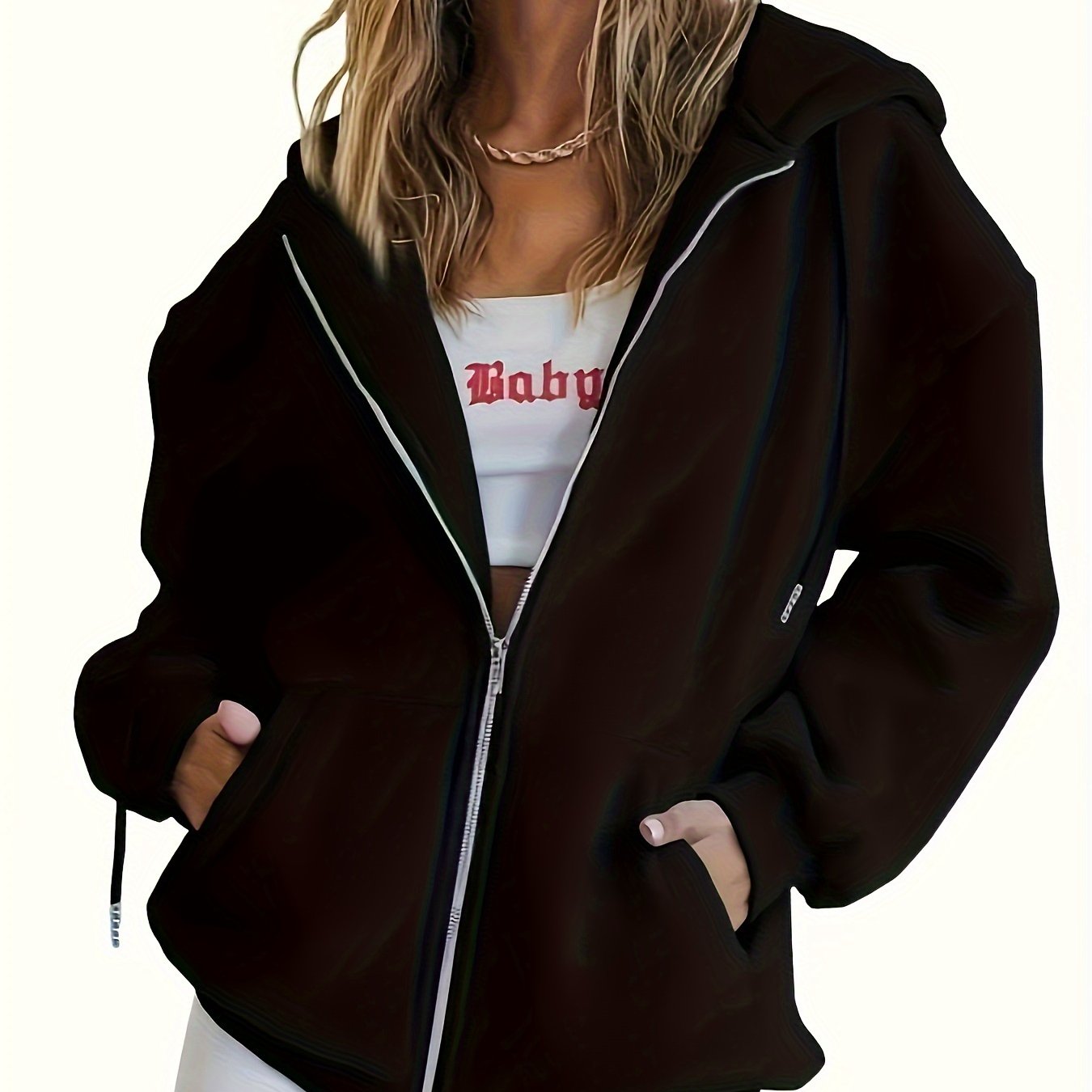 Fashion Solid Color Zipper Sports Hoodie, Women's Sweatshirt Coat, Women's Clothing