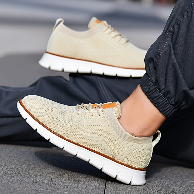 Men's Breathable Knit Business Casual Shoes - Beige with Brown Accents, Lace-Up, EVA Sole, Round Toe, Versatile for All Seasons, Dressy Shoes