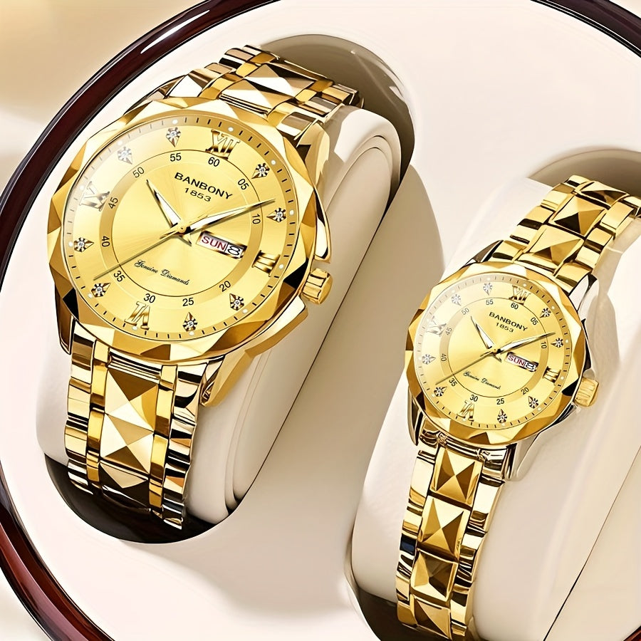 2pcs Couple Watch BANBONY Brand Trendy Fashion Men's and Women's Quartz Watch Stainless Steel Strap with Rhinestone Luminous High-definition Disc Waterproof Night Light Display Week Calendar Display Wristwatch Holiday Gift fo