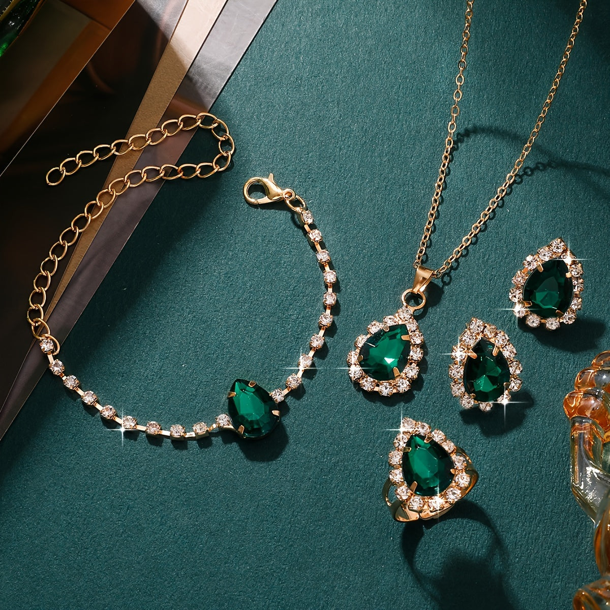 Elegant 5pcs Green Rhinestone Jewelry Set for Women - Sparkling Studs, Necklace, Ring & Earrings - Perfect for Daily Wear or Parties