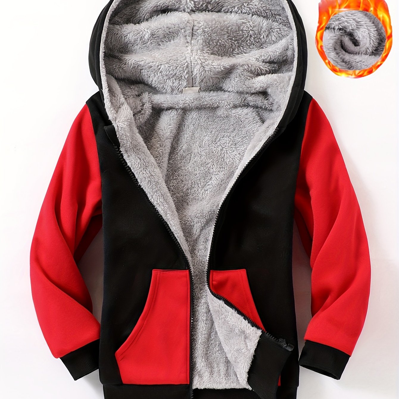 1pc Boys Stylish Color Block Fleece Lining Hooded Jacket, Long Sleeve Zip Up Jacket, Kids Clothes Outdoor