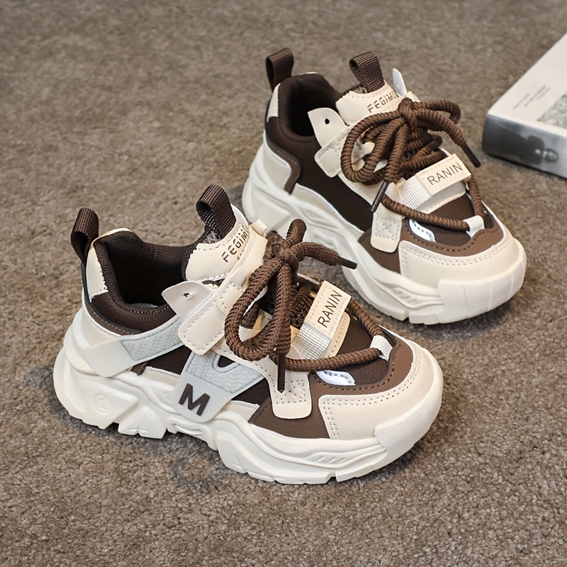 Kids' Chunky Sneakers - Breathable Mesh Running Shoes with Hook-and-loop Fastener Straps, Black & Brown Design for Boys & Girls, Casual & Sporty Style, All-Season Wear, Cute Shoes