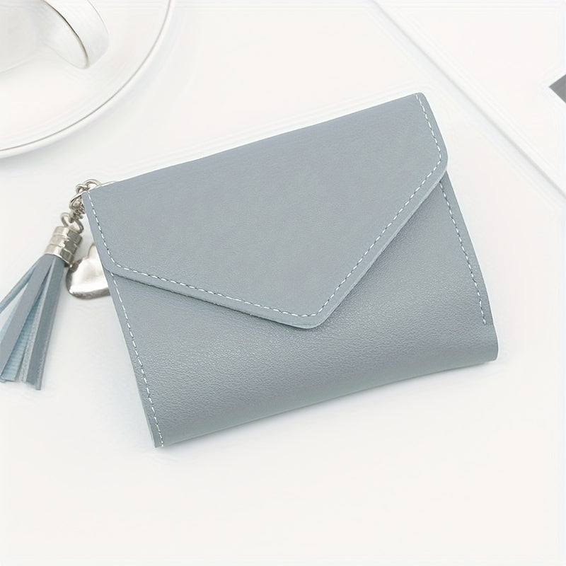 1pc Metal Heart & Tassel Decor Wallet Short Women Wallets Purse, Patchwork Fashion Panelled Wallets, Trendy Coin Purse