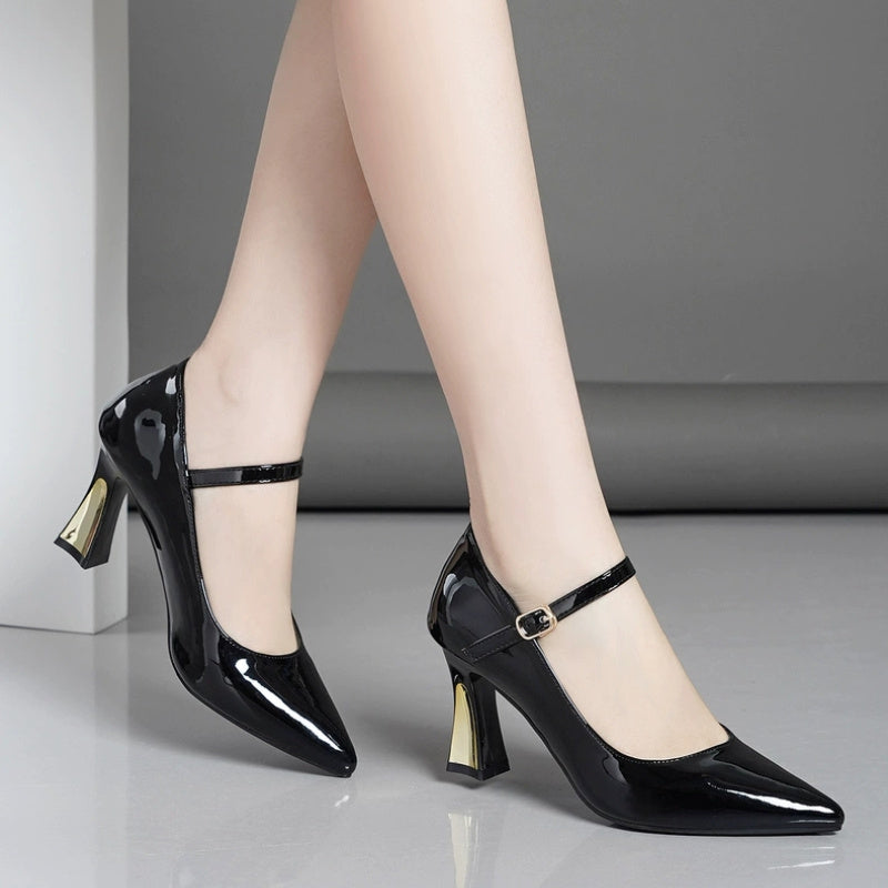 Women's Burgundy Synthetic Cover Mary Jane High Heels - Pointed Toe Chunky Block Heel with Adjustable Ankle Strap Golden Buckle, Glossy Finish for Spring, Casual Formal Events, Casual Chic Shoes Pointed Toe Heels Dura