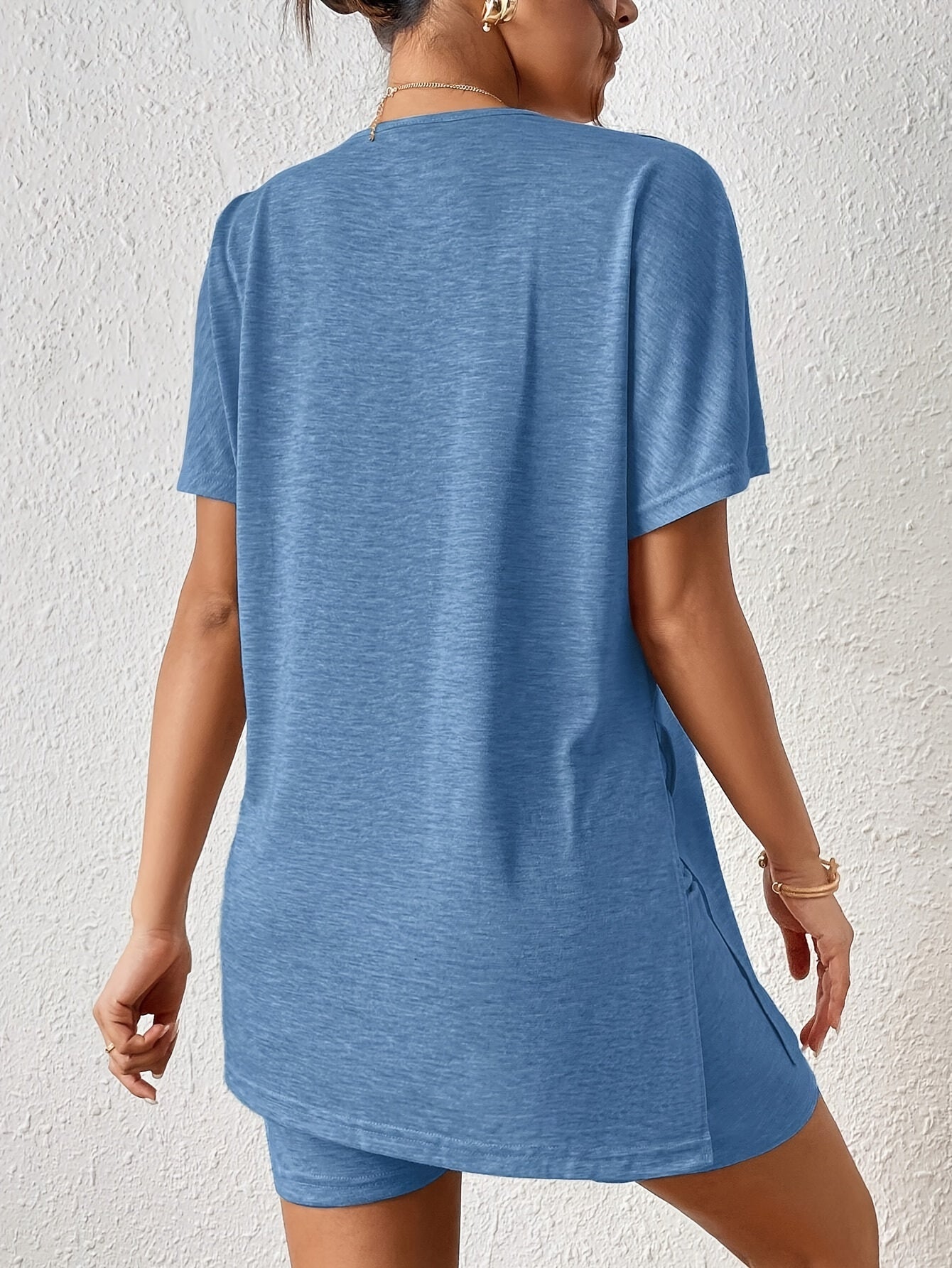 Casual Solid Color Comfortable Two-Piece Set, Bat Sleeve Round Neck Slit T-Shirt and Tight Shorts, Women's Clothing