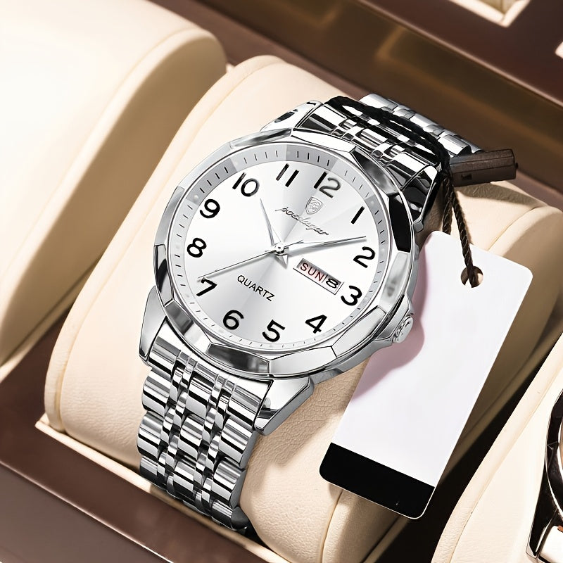 1pc BINBOND Men'S Fashion Watch, Luxury Dual Calendar Quartz Wristwatch, Business Style, Round Alloy Case, Stainless Steel Strap, Water-Resistant, Luminous Pointer Display, Battery Powered, Perfect for Valentine's, Christmas,