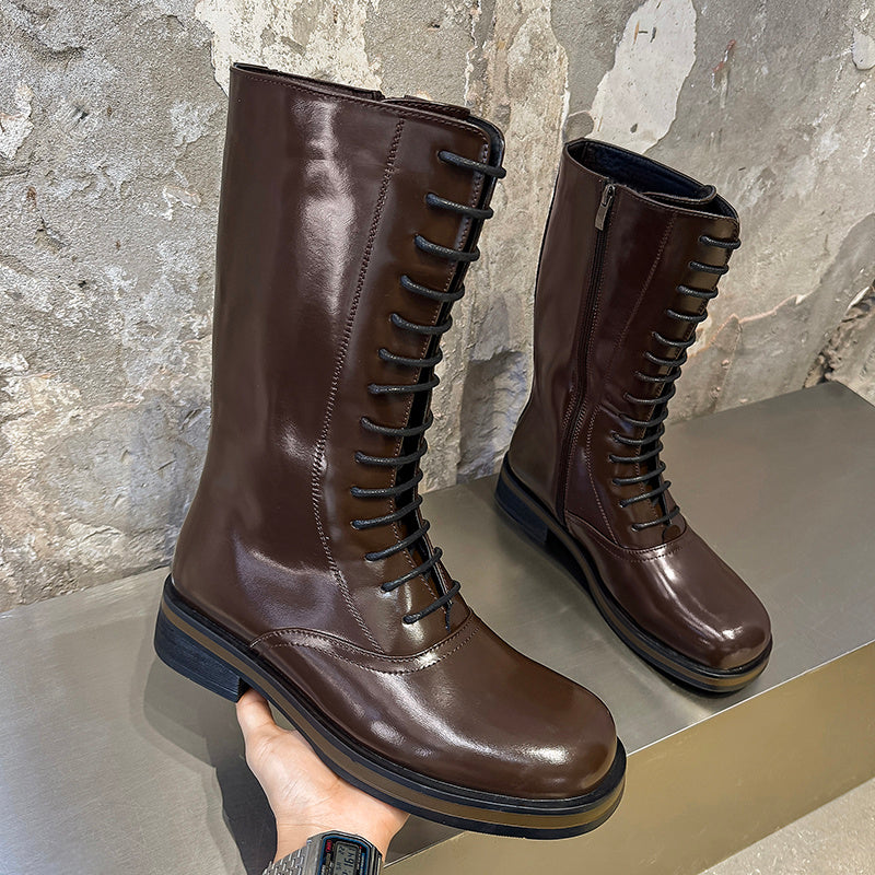 Men's Casual PU Leather Long Boots with Zipper and Lace