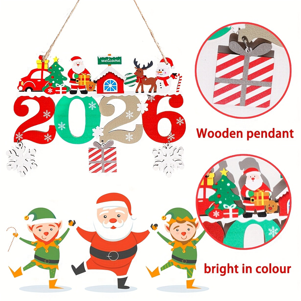 2026 Year-Specific Retro Artificial Wood Christmas Ornaments - Numbered 2026 Centerpiece with Santa Sleigh, Reindeer & Snowman - Irregular Shaped Tree Decorations for Weddings, Parties, New Year's (Compatible with 2024/2025/2