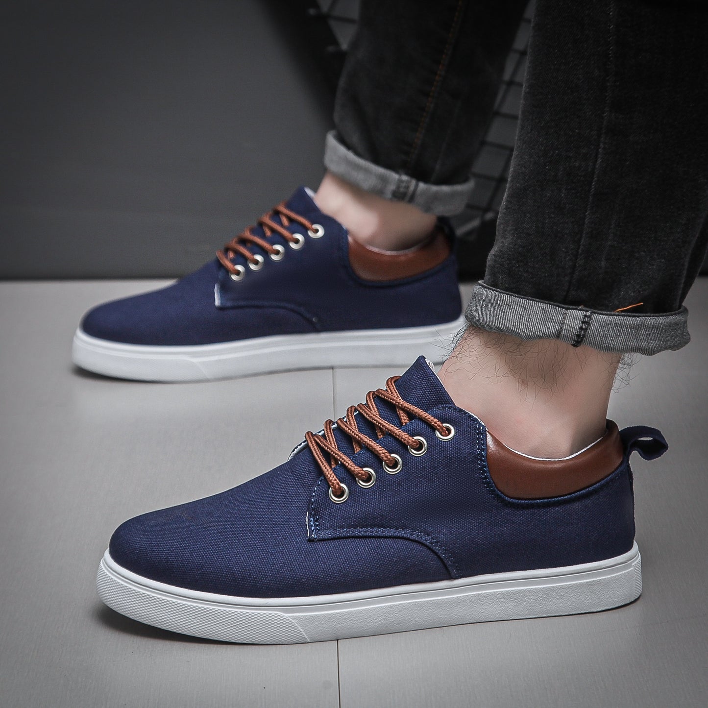Men's Navy Blue Canvas Sneakers - Breathable, Durable, Non-Slip Casual Shoes with Brown Accents & White Sole - Perfect for Spring, Summer, and Fall Outdoor Wear, Everyday Sneakers | Casual Sporty Look | Breathable Canvas Uppe