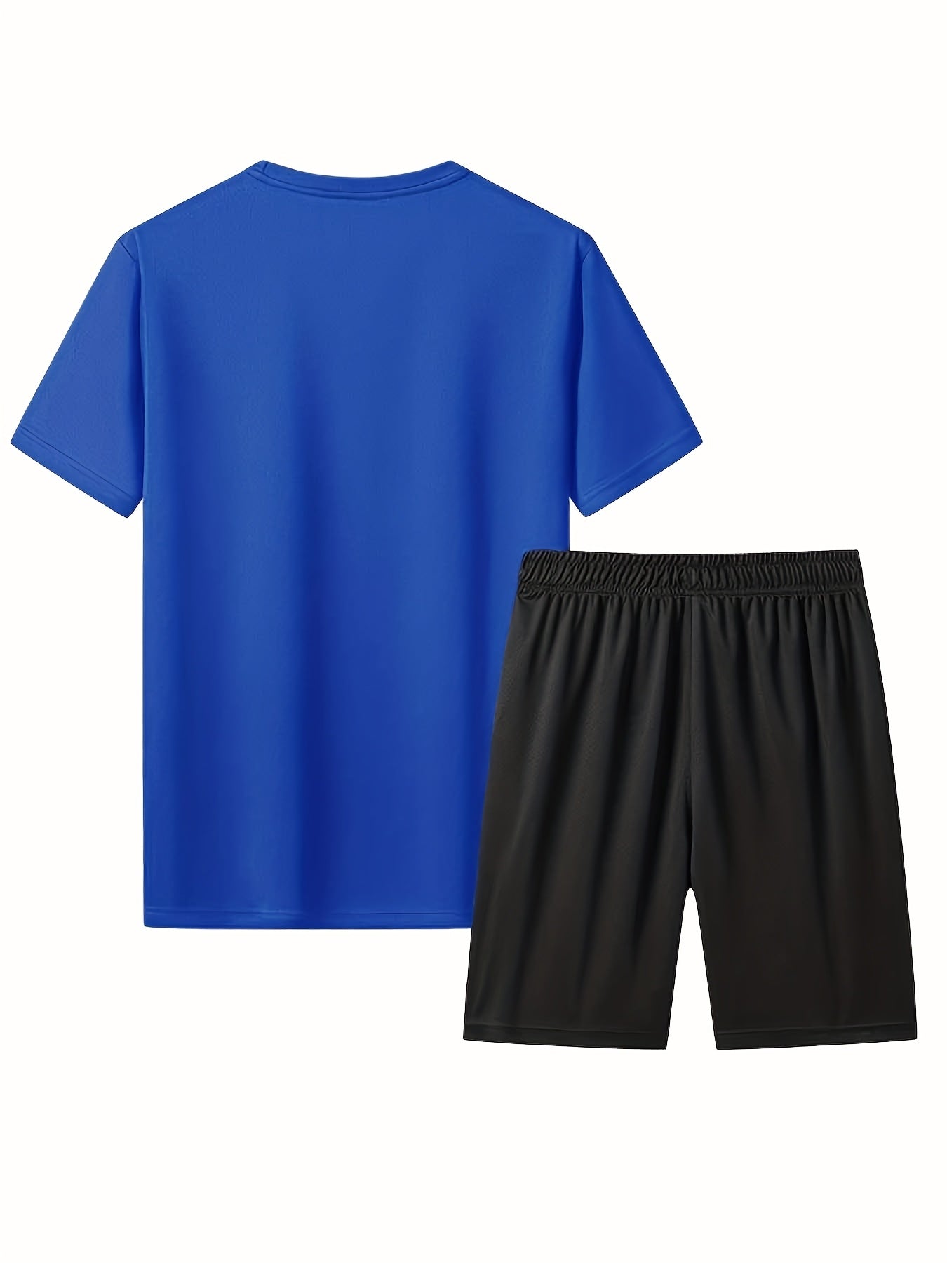2pcs Men's Summer Sportswear Set - Comfortable Polyester Crew Neck T-Shirt & Black Drawstring Shorts with Side Stripe, Casual Style, Easy Care, Athletic Shorts