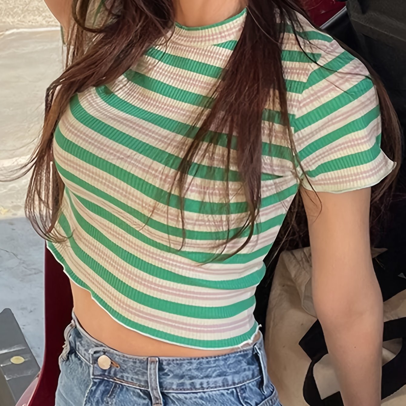 Women's Ribbed Striped Short Sleeve Round Neck Striped T-Shirt
