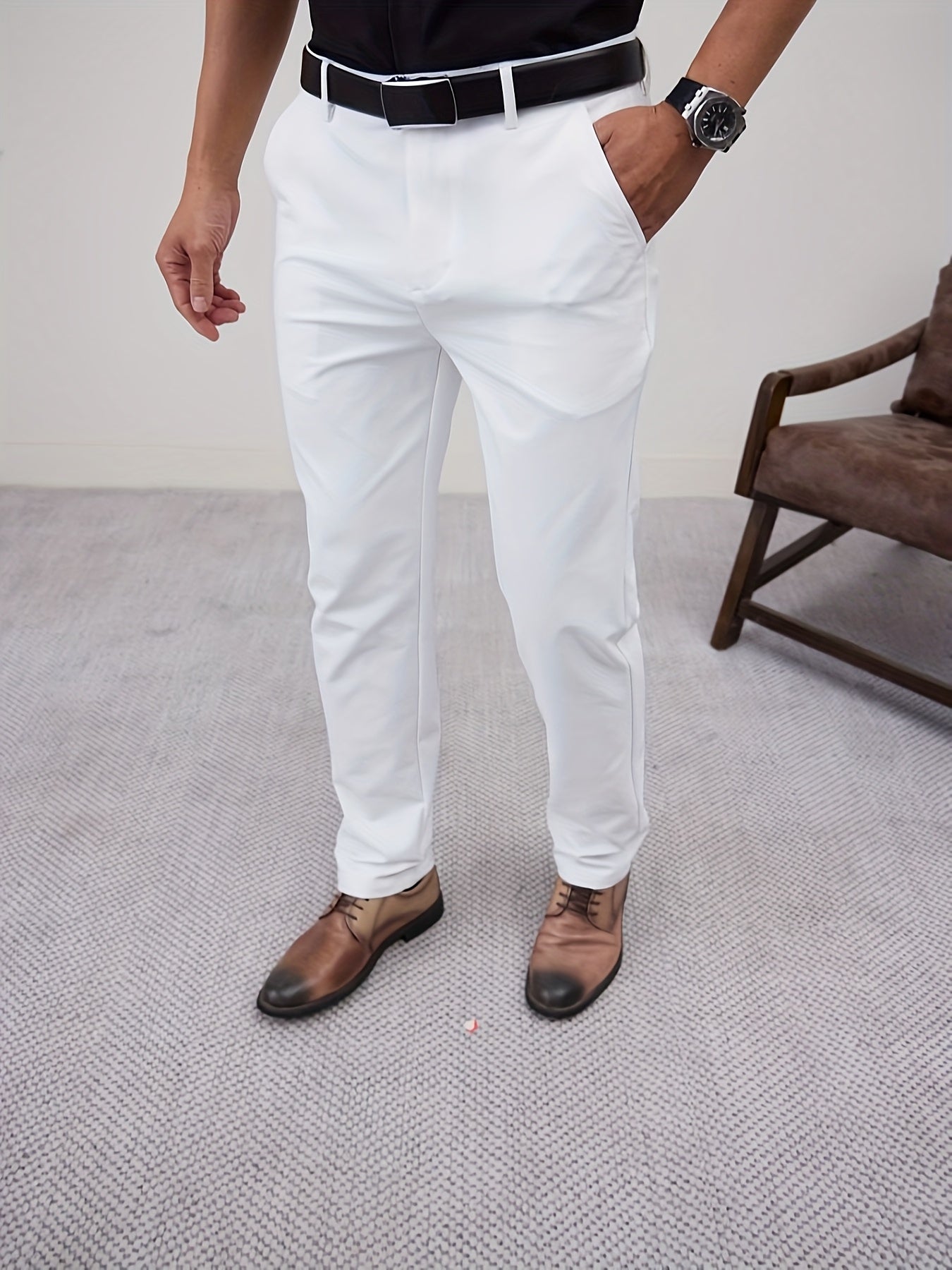 Men'S Casual Solid Color Regular Length Slight Stretch Woven Fabric Pants for Adult