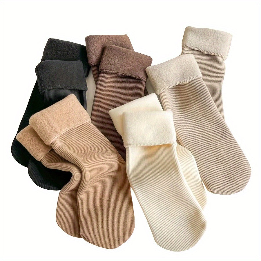 5 Pairs Women'S Knee-Length Thermal Fleece-Lined Socks, Solid Color, Polyester Knit Fabric, 100% Polyester, with Hand Washable