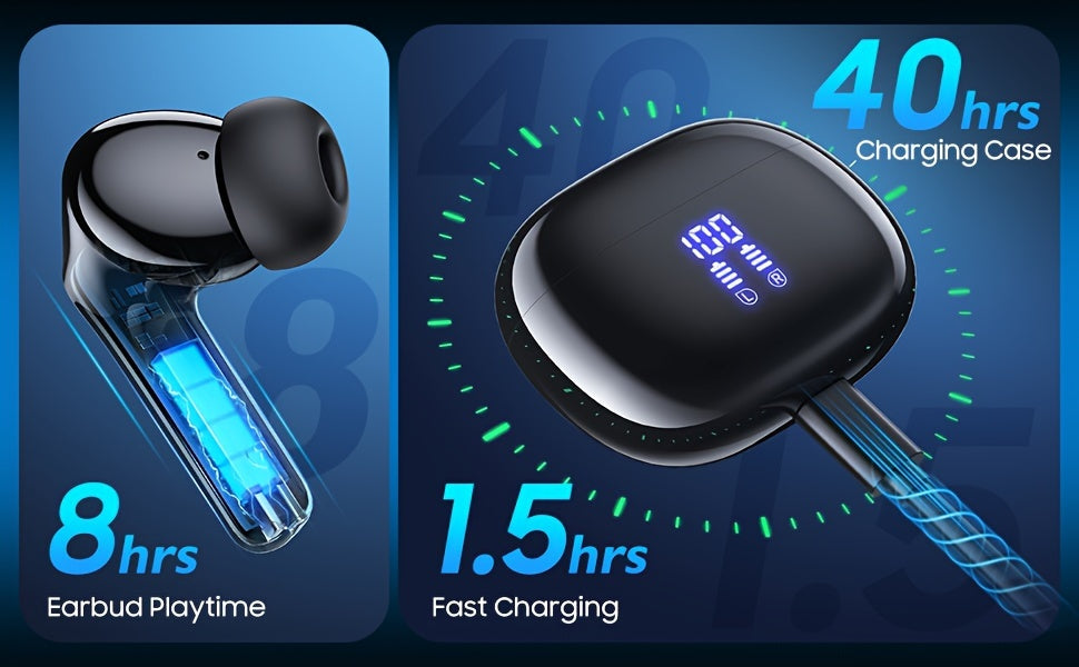 Wireless Earbuds with Touch Control, Built-in Noise Reduction Mic, Type-C Charging Case, 15Hr Playtime, 2Hr Quick Charge, USB Charging, 380mAh Battery, with LED Power Display, for Sports, Adult, Compatible with Cellphones