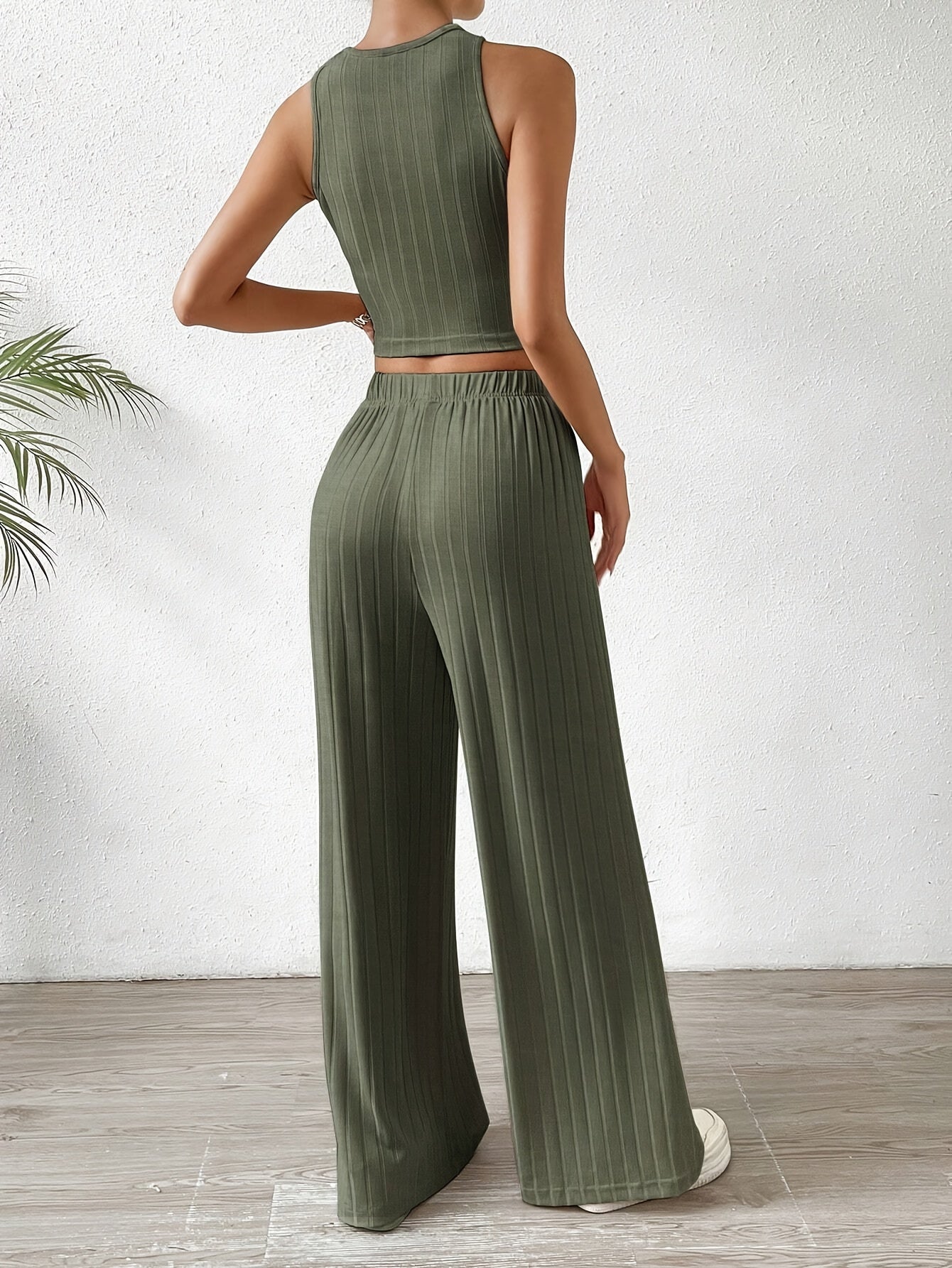 Solid Ribbed Elegant Pants Set, Crew Neck Sleeveless Slim Tank Top & Elastic Waist Wide Leg Pants Outfits, Women's Clothing