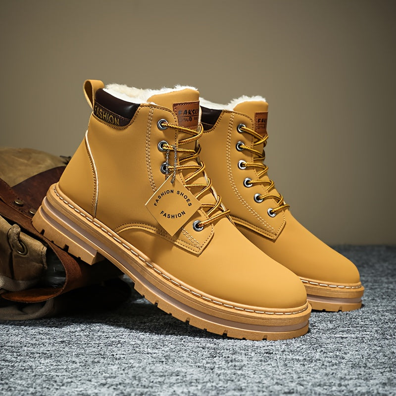 Men's Heavy-Duty Winter Snow Boots - Insulated & Slip-Resistant -like Upper, Thermal Insulation & Cushioned Insole, Large Size Availability (Beige/Brown/Coffee) - All-Terrain Traction Tread, Round Toe & Lace-Up Closure for Hi