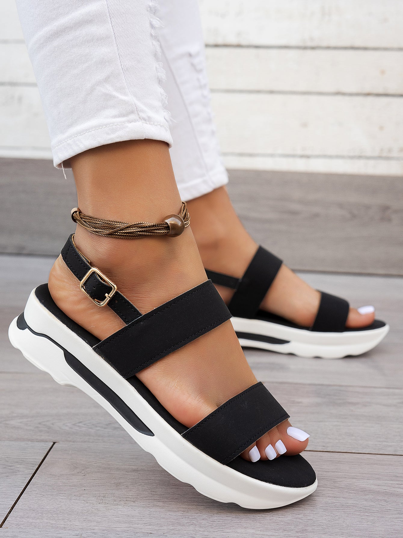 Mhysa Women's Comfortable Open-Toe Platform Sandals with Thick Sole & Golden Buckle Strap - Summer Casual White PU Cover Ankle Strap Sandals for Casual Attire, Ladies Sandals