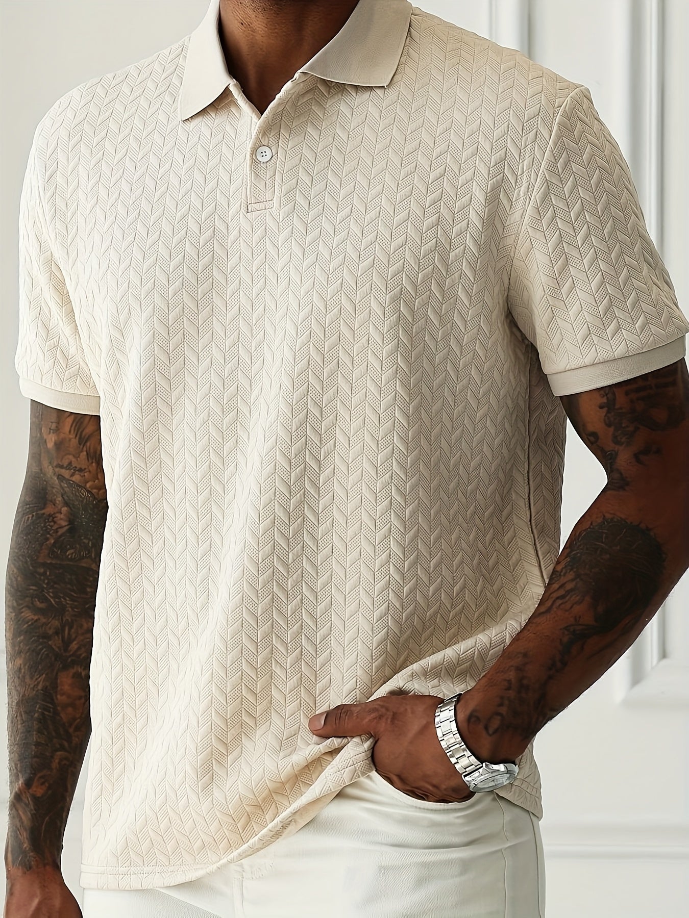 Men'S Casual Black Short Sleeve Polo Shirt with Textured Diamond Pattern - Polyester, Button-Up, Regular Fit for Summer, Casual Attire|Textured Pattern Shirt|Polyester Fabric