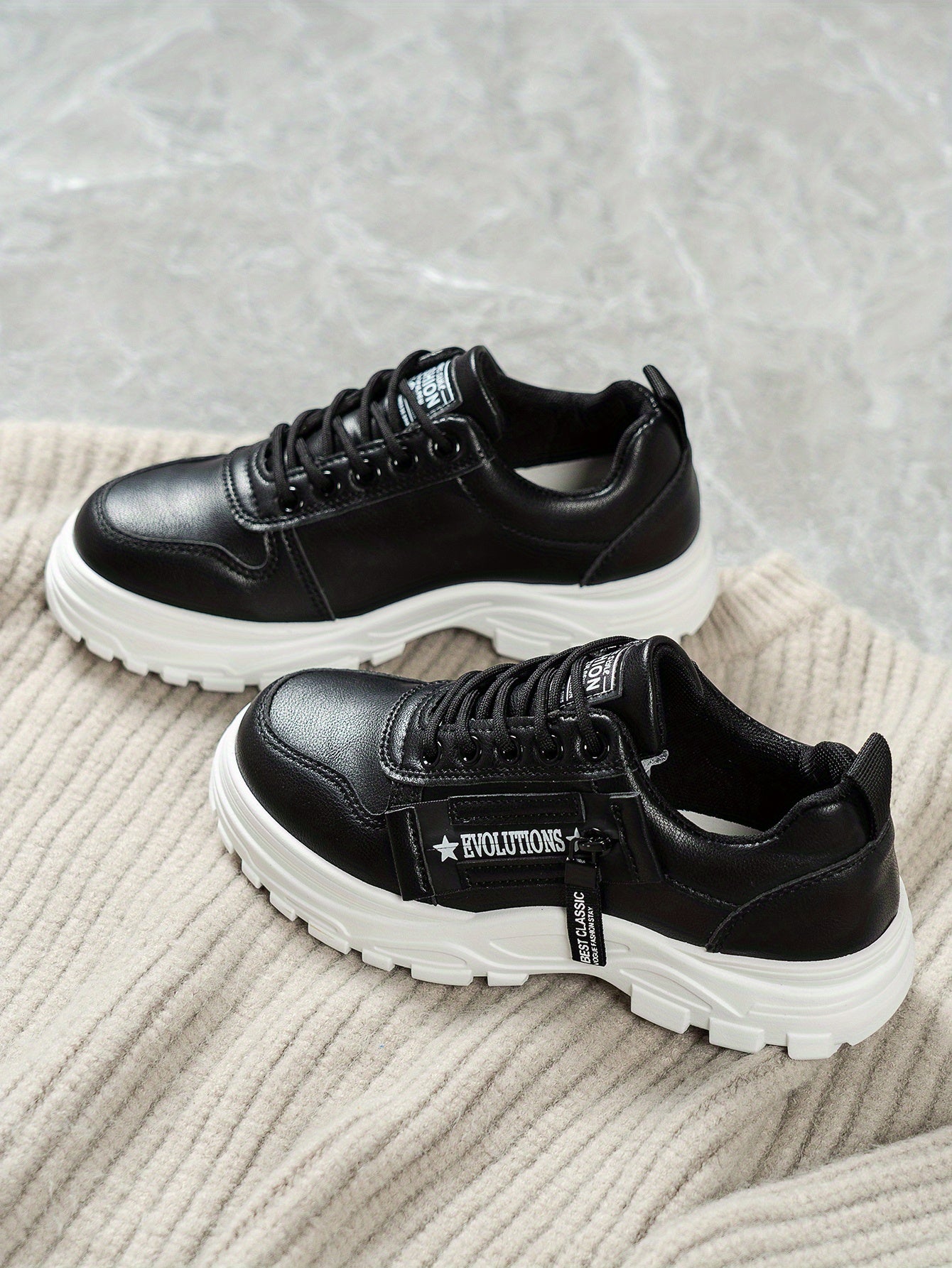 Women'S Breathable Knit Sneakers - Lightweight Thick Sole Casual Walking Shoes in White Black, Synthetic Cover Upper with Rubber Outsole, Lace-Up Low-Top Design for Indoor/Outdoor, Travel, Beach Shopping - Cute Gift for M