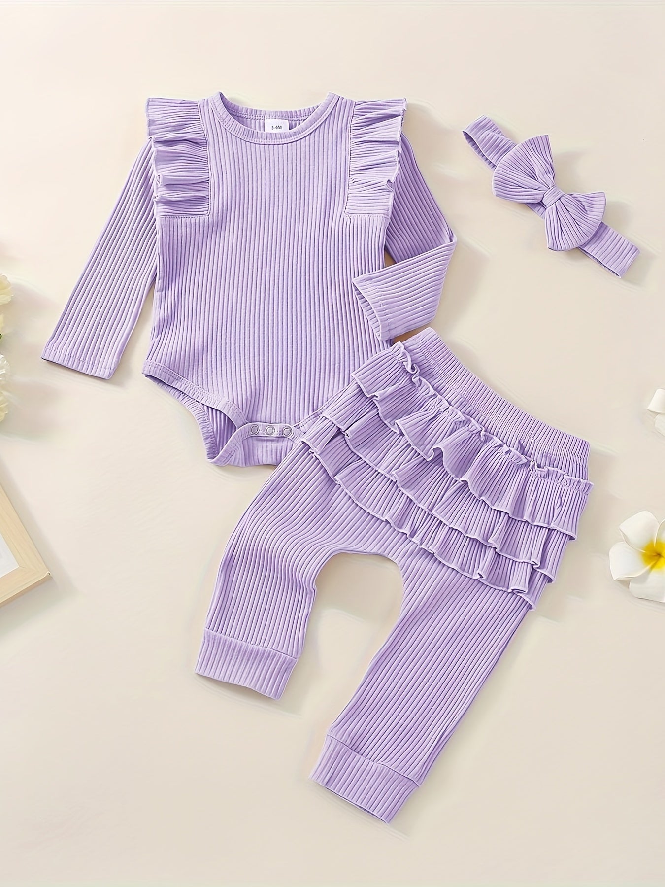 3pcs Baby Girl Outfit Set, Cute Ribbed Ruffle Long Sleeve Romper & Pants, 95% Cotton 5% Spandex, Crew Neck Pullovers, Solid Color, Regular Fit, No Belt, Fall/Winter Knit Fabric, 0-18 Months, for Outdoor
