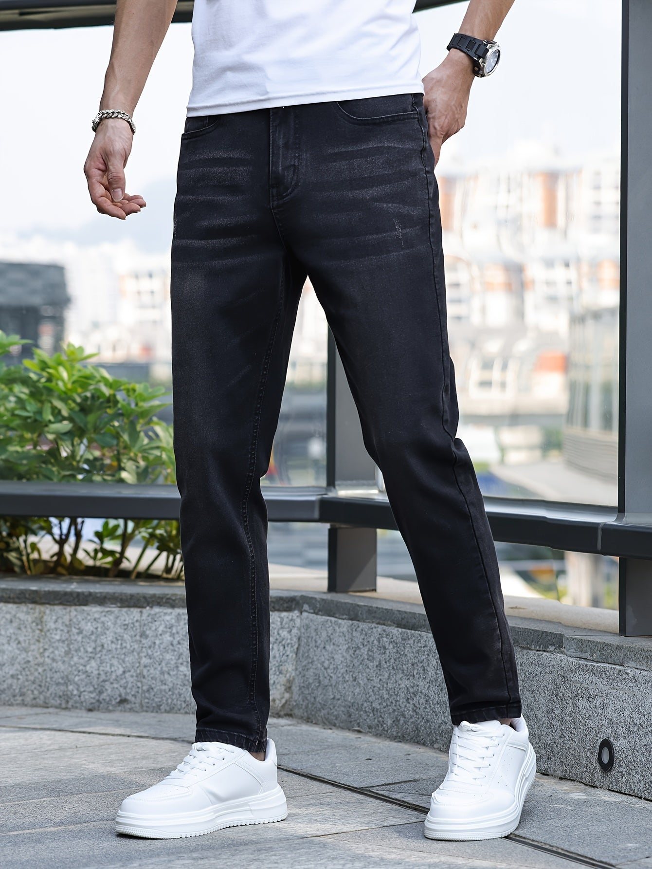 Men's Slim-Fit Stretch Denim Jeans - Casual Street Style, Mid-Rise, Light Blue, Comfortable & Versatile for All Seasons