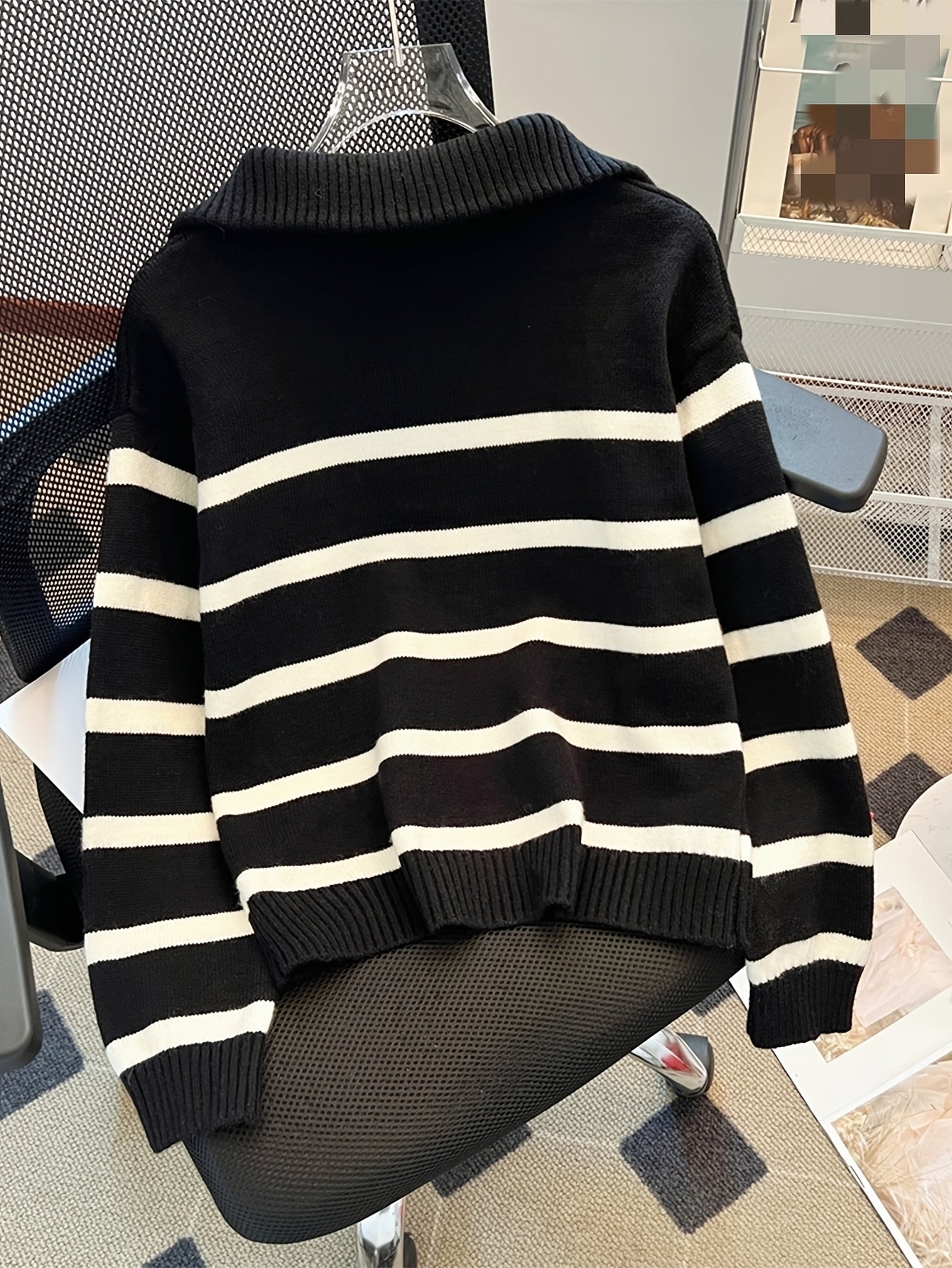 Elegant Striped Zip-Up Knit Sweater - Cozy Acrylic & Polyester Blend, Perfect for Fall/Winter, Cozy Sweater