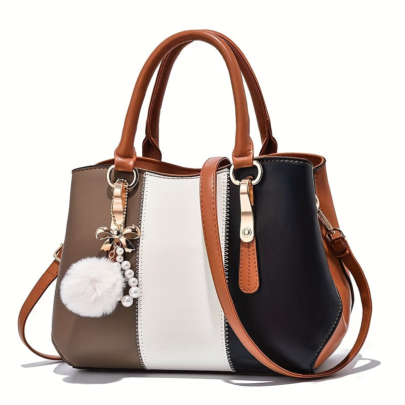 Stylish Women'S Shoulder Bag with Detachable Strap - Large Capacity, Geometric Pattern, White, Blue, and Brown, Perfect for Work, Parties, and Everyday Use, Party Accessory | Geometric Pattern Bag | Durable Zipper Closure, Pu