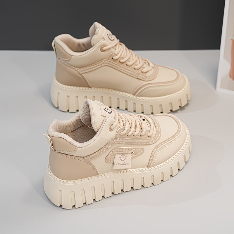 1 Pair Women'S Fashion Mid-Top Casual Sneakers, PU Upper, Fabric Lining, Rubber Sole, and EVA Insole, Lace-Up Design, with All-Season Versatile Athletic Shoes