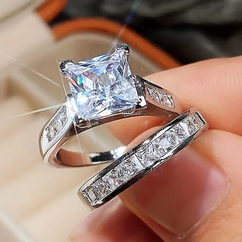 2pcs/set Fashionable Couple Jewelry Set with Shiny Square Cubic Zirconia Wedding Rings, Promise the Bride Eternal Engagement Jewelry, Classic Anniversary Valentine's Day Birthday Party Christmas Gift