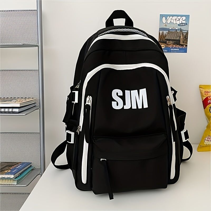 Stylish Unisex Nylon Backpack - Durable Casual Travel School Bag with Adjustable Straps, White Blue Design, Lightweight and Spacious for Everyday Use, School Backpack Contrast Strap Design Polyester Lined, Travel Back