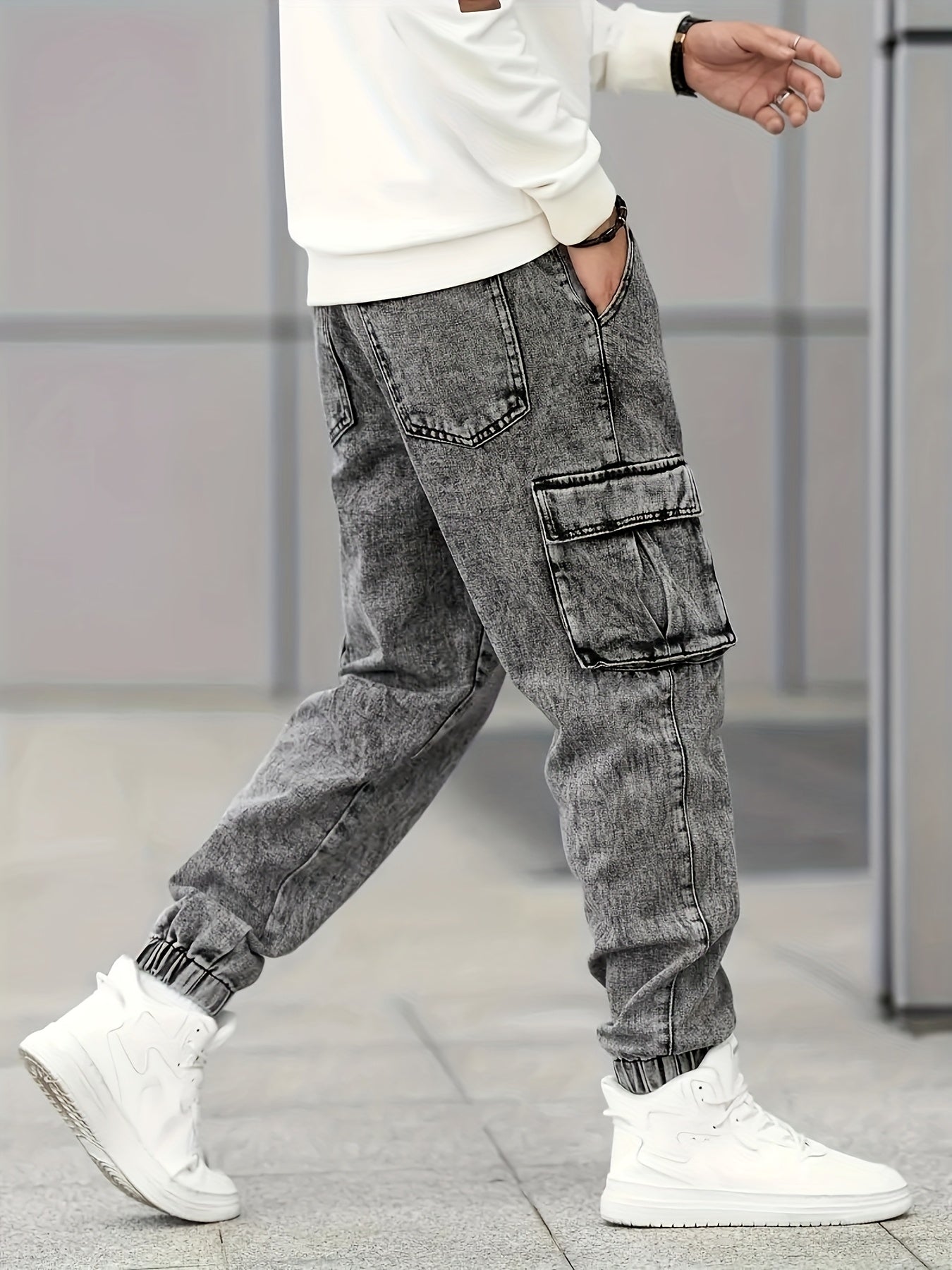 Men's Slim Fit Cargo Jeans - Stylish Gray Denim with Multiple Pockets, Durable Cotton/Polyester Blend, All-Season Wear