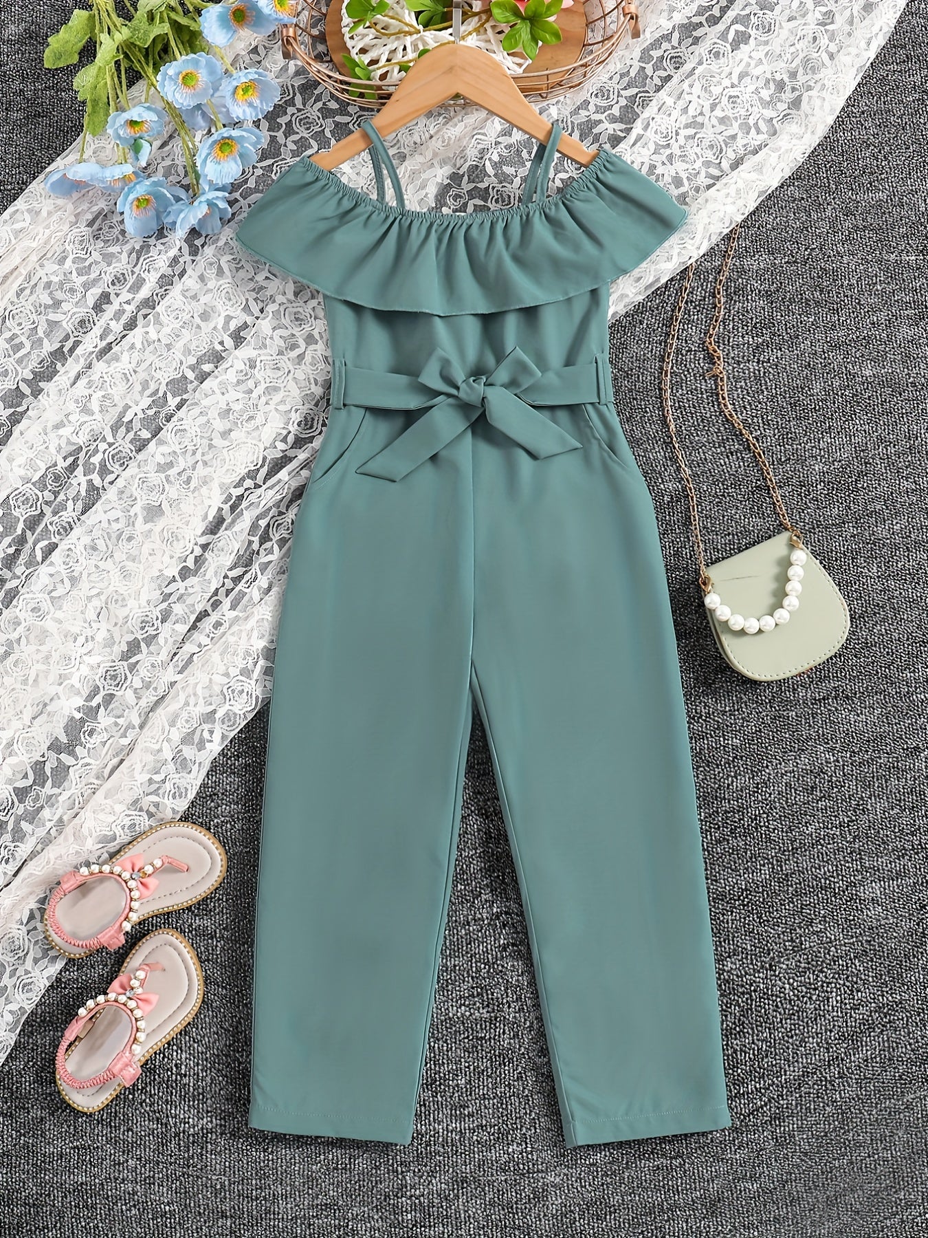 Girls Ruffle Cami Romper Belt Off Shoulder Նրբագեղ ամառային գարուն աշուն մանկական հագուստ