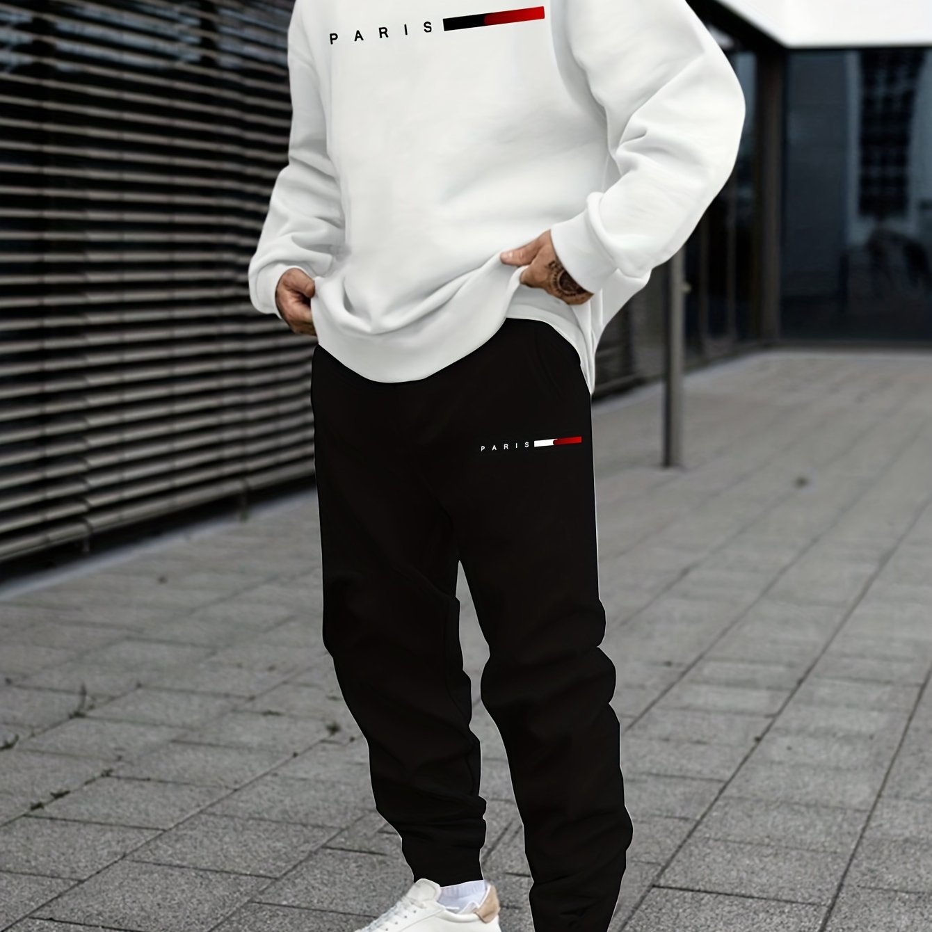 Men's Casual Sports Sweatshirt Set, Loose Fit Pullover Hoodie with Print, Polyester Blend, Round Neck, Stretch Knit, Autumn/Winter Collection