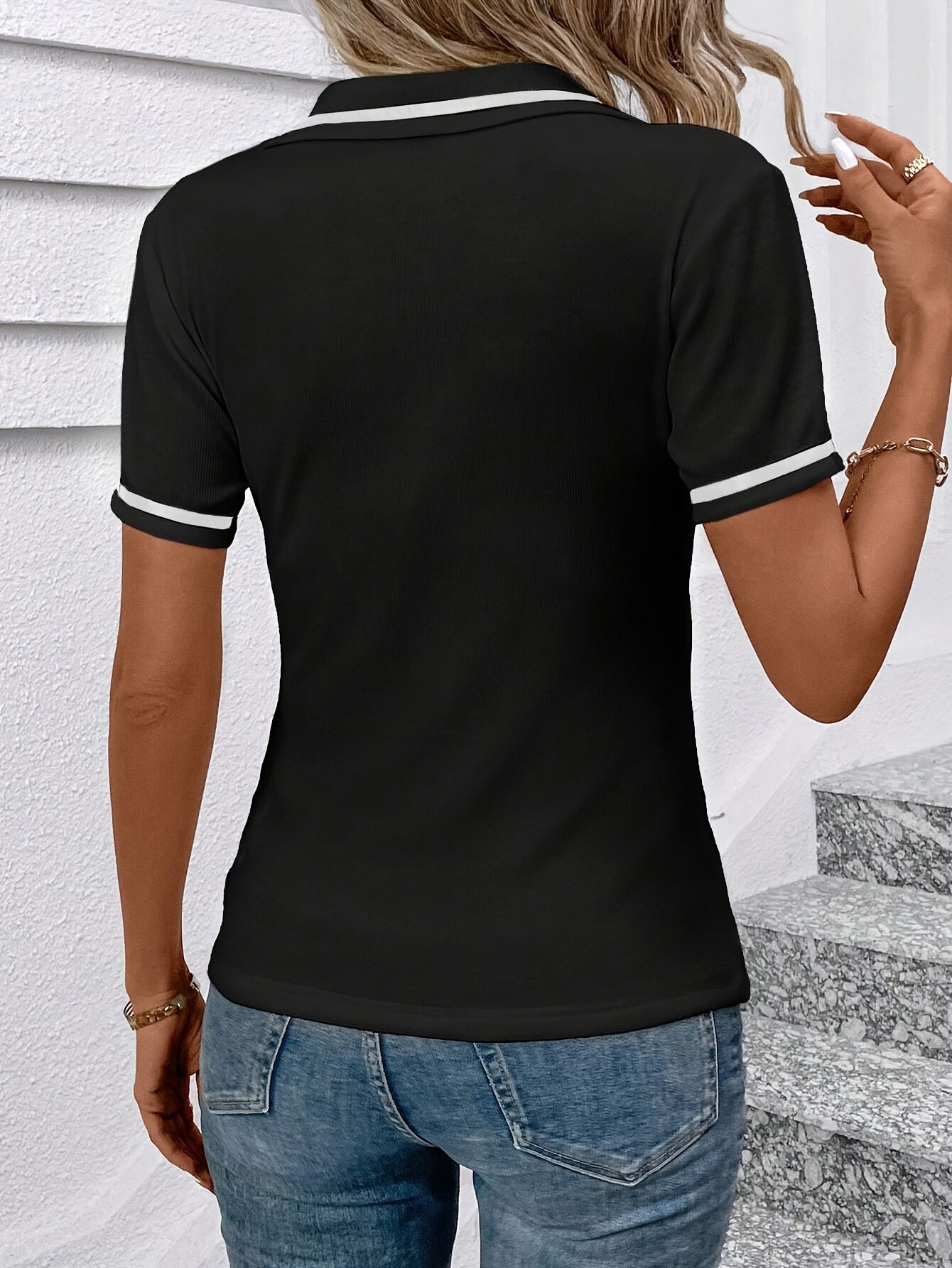 Women's Elegant Black Shirt with White Collar & Cuff Detail - Short Sleeve, Zippered, Stretchy Polyester-Spandex Blend, Machine Washable, Perfect for Casual or Professional Outfits