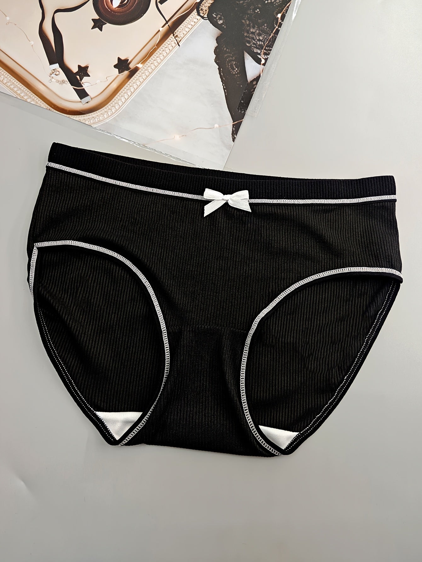 5pcs Chic Black Mid-Rise Women's Briefs with Cute White Bow Detail - Comfortable, Breathable & Sexy Ribbed Polyester Blend Panties, Hand Washable