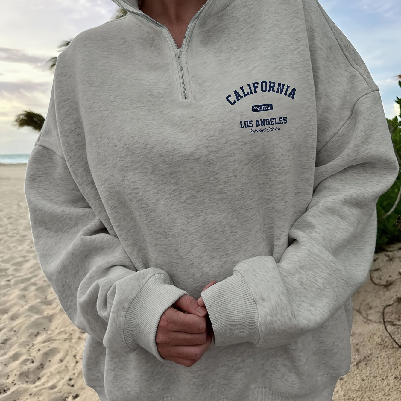 Women's "California Los Angeles" Letter Print Lightweight Zip-Up Sweatshirt - Casual High Neck, Long Sleeve, Polyester, Machine Washable - Perfect for All Seasons