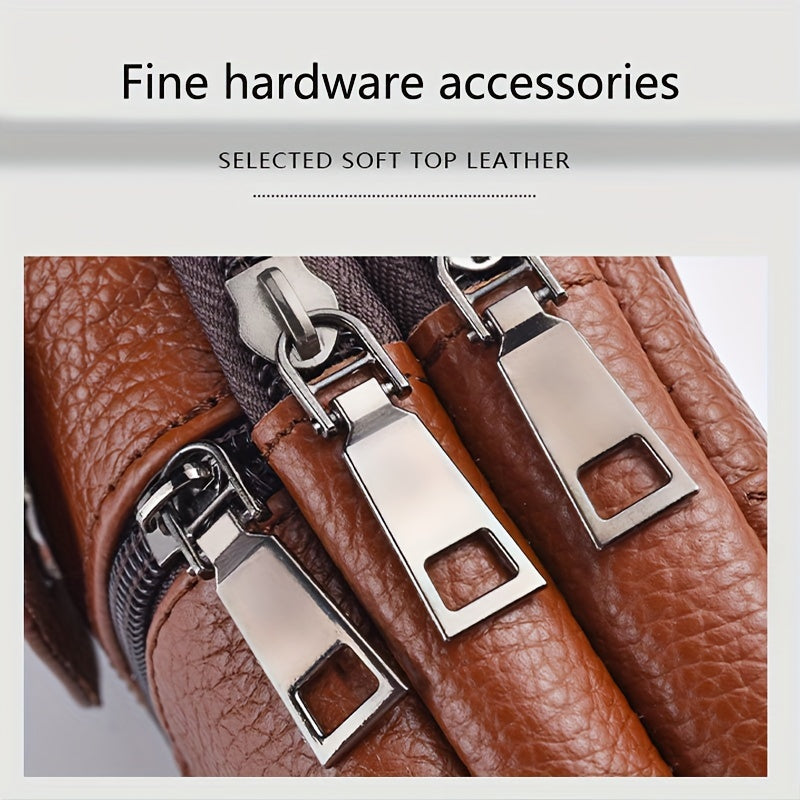 1pc Genuine Leather Cowhide Men's Waist Bag, Multi-Functional Zippered Phone Pouch with Adjustable Strap and Spacious Compartments for Work & Daily Use, Casual Style Top Layer Leather Fanny Pack