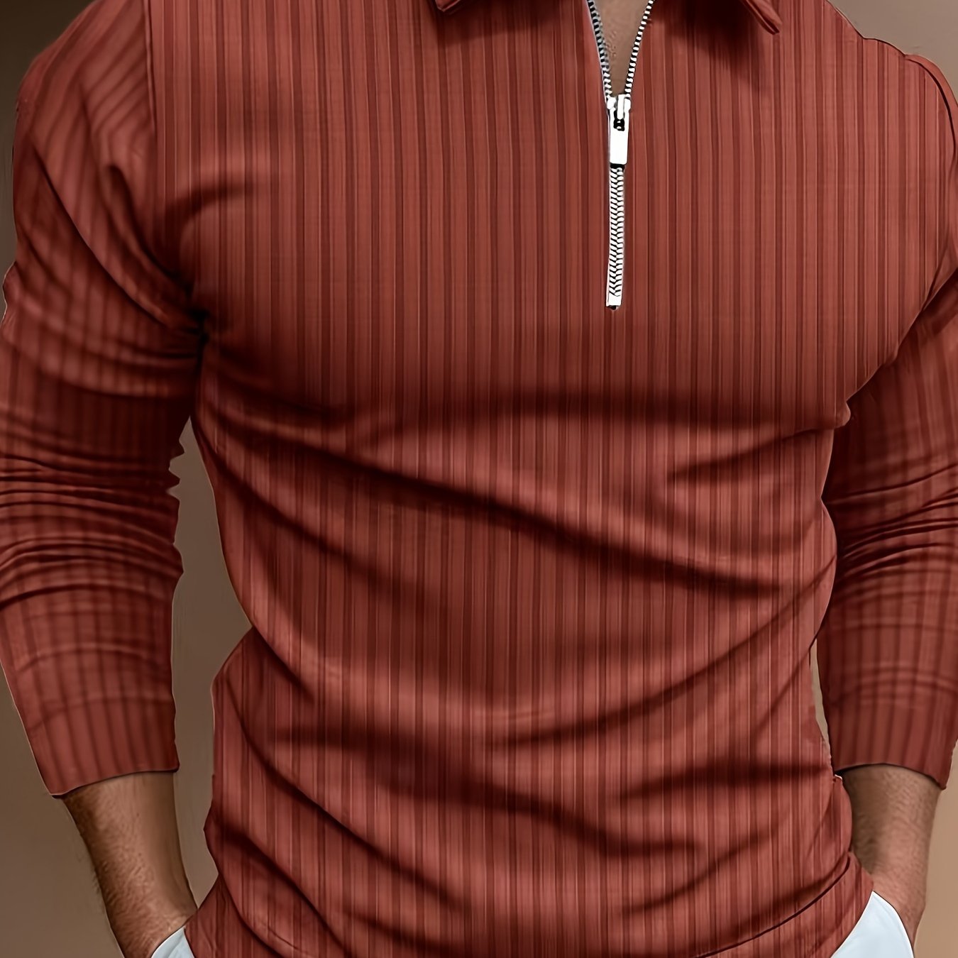 Men's Casual Sports Ribbed Long Sleeve Zipper Lapel Golf Shirt, Spring And Fall