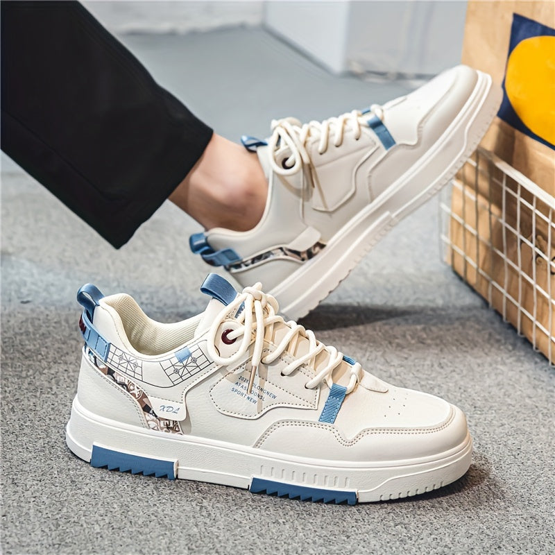 Men's Skate Shoes with Good Grip Breathable Design - PU Upper, Cushioned PVC Sole, Black/Blue Letter Pattern Lace-Up Sneakers for All-Season Casual Sports Wear, Allseason Shoes Modern Casual Shoes Comfortable Wear