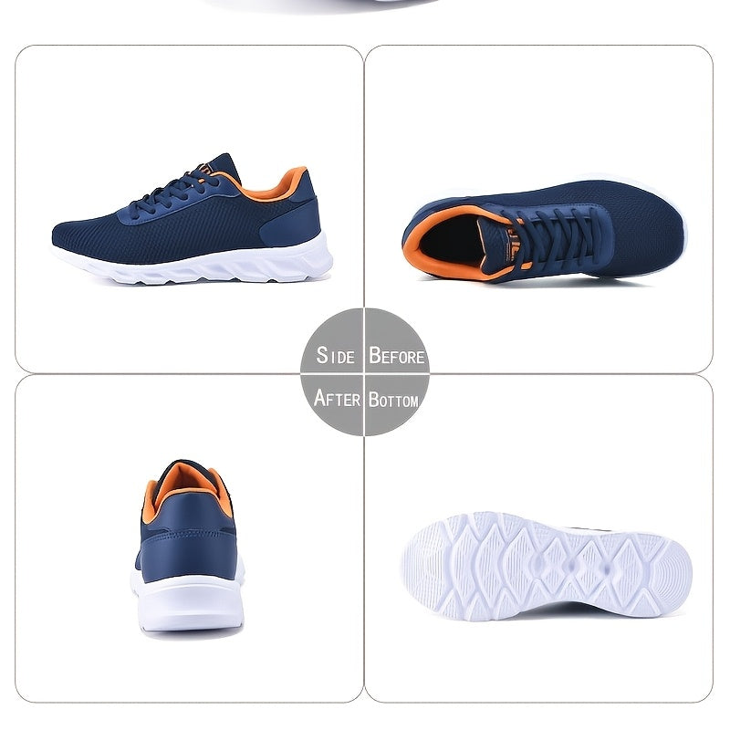 Breathable Mesh Sneakers in Navy Blue with Orange Accents, Comfortable Sole Running Shoes for Spring/Summer