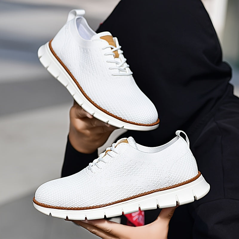 Men's Breathable Knit Business Casual Shoes - Beige with Brown Accents, Lace-Up, EVA Sole, Round Toe, Versatile for All Seasons, Dressy Shoes